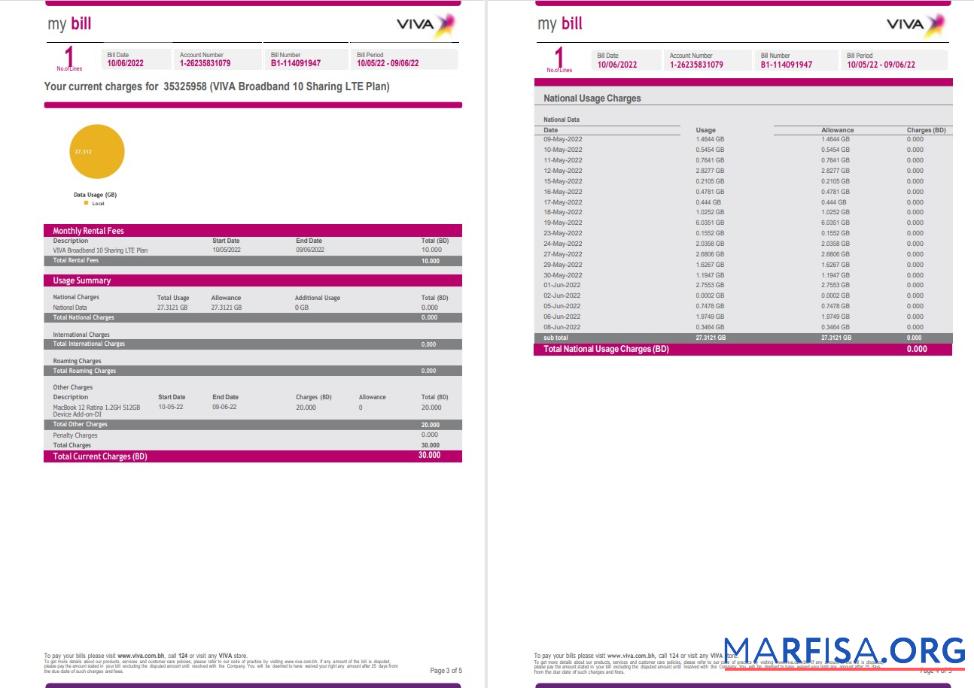Realistic Bahrain Viva my utility bill Word and PDF template, 5 pages 3 4